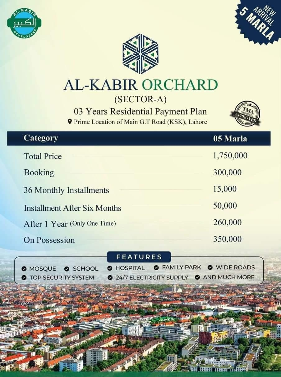 5 Marla Residential Plots Payment Plan Al Kabir Orchard Lahore Titanium Agency