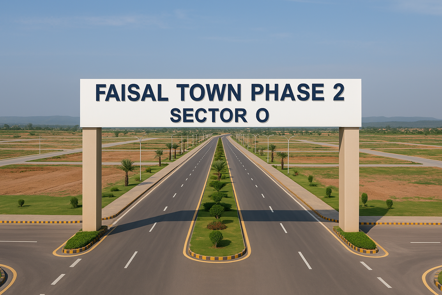 Entrance view of Faisal Town Phase 2 Sector O with wide roads and landscape