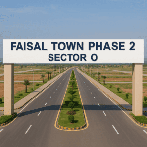 Entrance view of Faisal Town Phase 2 Sector O with wide roads and landscape