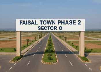 Entrance view of Faisal Town Phase 2 Sector O with wide roads and landscape